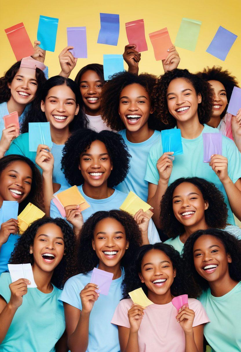A diverse group of people holding up colorful condoms, dental dams, and educational pamphlets in a positive, open environment with a soft, pastel background. Everyone is smiling and engaging with each other, promoting a sense of community and empowerment. Detailed, informative graphics about sexual protection subtly integrated into the scene. Detailed illustration. vibrant colors. 