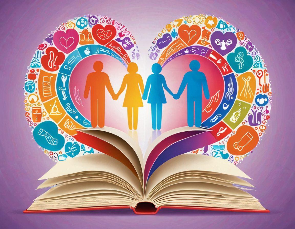 A vibrant scene featuring an open book with pages transforming into symbols of sexual wellness, such as a heart, condom, and educational icons. Surrounding the book are diverse couples holding hands, symbolizing inclusivity and safe sex. Background includes medical diagrams and enlightening lights that signify knowledge and empowerment. vector art. vibrant colors.