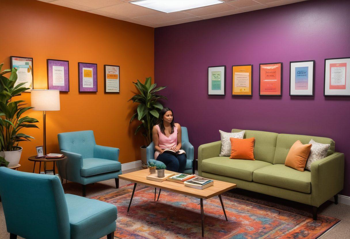 A serene, warmly lit counseling office with a compassionate therapist talking to a diverse couple and a solo individual, filled with vibrant books on sex education, empowering affirmations on the wall, and discreet yet welcoming decor. Realistic and inclusive human representations. Super-realistic. Vibrant colors. Soft lighting.